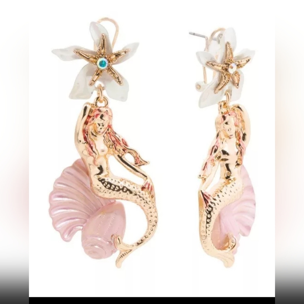 NEW Betsey Johnson Gold Tone Flower, Starfish, Mermaid & Seashell Drop Earrings